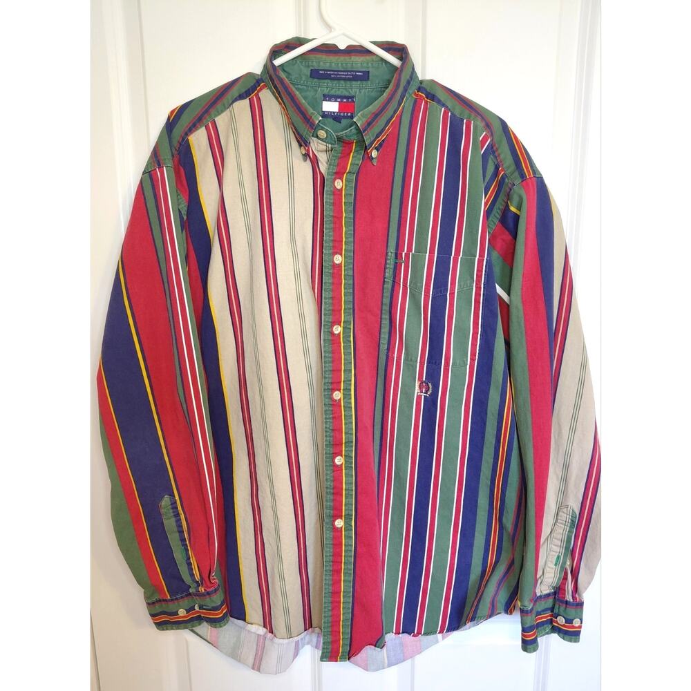 Vintage 90s Tommy Hilfiger Crest Striped Button Down Shirt XL Multicolor Cotton